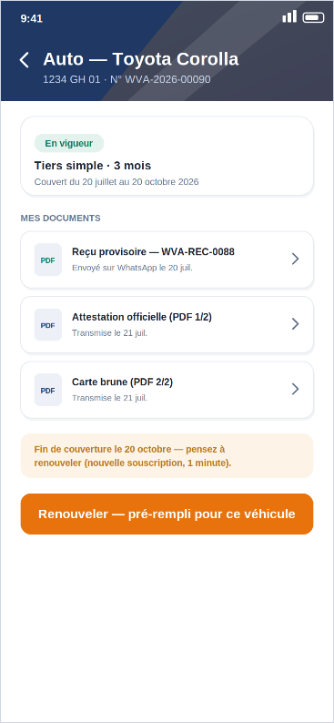 L'application Wayvance : le contrat auto avec ses documents officiels et le renouvellement en un écran