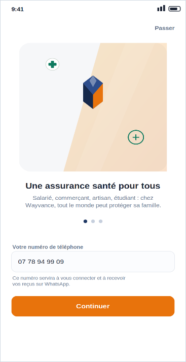 L'application Wayvance : écran de bienvenue « une assurance santé pour tous » — salarié, commerçant, artisan ou étudiant