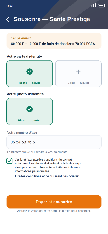 L'application Wayvance : souscription à la formule Santé Prestige en un seul écran, avec pièce d'identité et numéro Wave